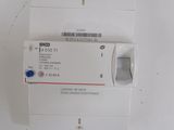 a white box with a blue button on it