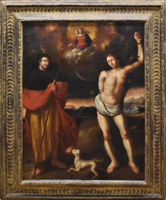 une image représentant un tableau où l'on voit un homme sur une croix avec un chien