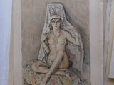 a drawing of a naked woman sitting on a bed
