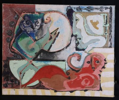 a painting of a cat and a bird on a table
