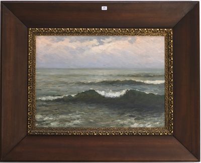 une peinture à l'huile représentant une vaste étendue d'eau avec des vagues