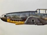 une peinture représentant un avion volant dans le ciel