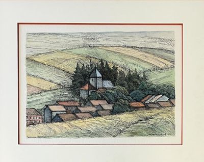 dessin représentant un village situé dans une région vallonnée, avec des arbres au premier plan
