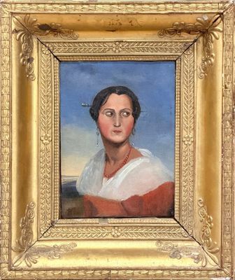 tableau représentant une femme en robe rouge, dans un cadre doré