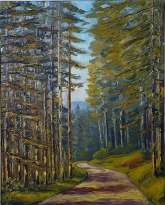 une peinture à l'huile représentant une route dans les bois, bordée d'arbres