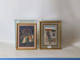 two framed pictures on a shelf next to each other