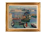 un tableau représentant des bateaux dans un port, avec un pont en arrière-plan