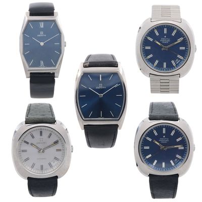 four different styles of watches with blue dials on a white background