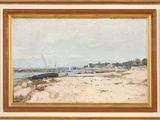 une peinture à l'huile d'une scène de plage avec des bateaux dans l'eau