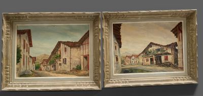 two paintings of old buildings are hanging on a wall