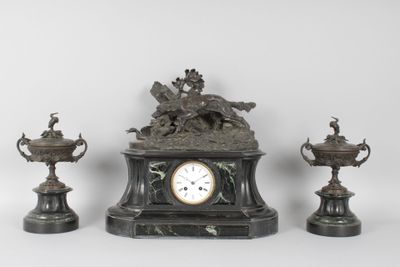 garniture de cheminée en bronze, marbre noir et vert d'eau, … - Photo 1