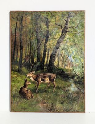 painting of a deer and a rabbit in a wooded area