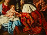 an image of a painting of a man holding a baby in a manger