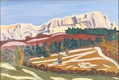 an oil painting of a landscape with a mountain in the background