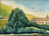 une peinture représentant un grand bâtiment au milieu d'un champ