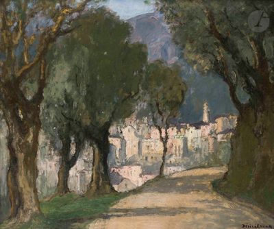 an image of a painting of a road with trees and buildings in the background