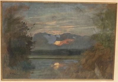 peinture représentant un tableau représentant un coucher de soleil sur un lac, avec une montagne en arrière-plan