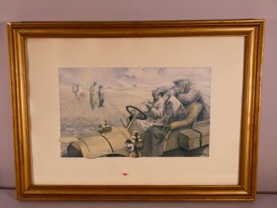 tableau représentant un homme au volant d'une voiture, avec un chien sur la banquette arrière