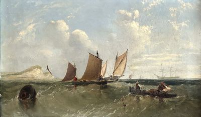 une peinture représentant un groupe de bateaux dans l'eau