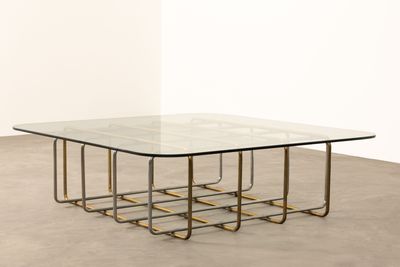 an image of a glass and brass coffee table with a square glass top
