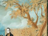 a painting of a man sitting on a bench with a dog