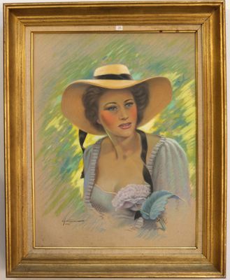 painting of a woman wearing a large hat and holding a flower