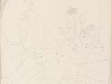 dessin d'une femme assise à une table avec un vase de fleurs