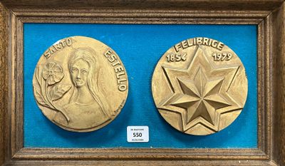 two gold medals are displayed in a wooden frame on a blue surface