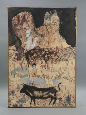 une image représentant un tableau où figurent un homme et une vache