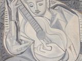 une image représentant une peinture d'une femme avec une guitare