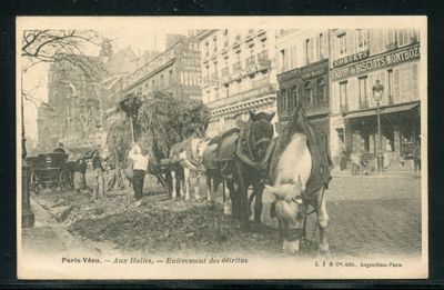 une photo en noir et blanc représentant un groupe de chevaux tirant une charrette