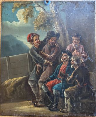 an image of a painting of a group of men sitting on a bench
