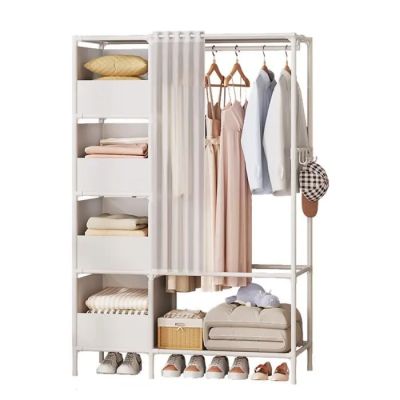 a close up of a rack with clothes and shoes on it