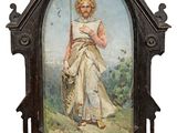 tableau représentant une femme avec un panier de fleurs, dans un cadre en bois