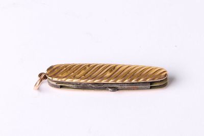 a close up of a gold plated metal object on a white surface