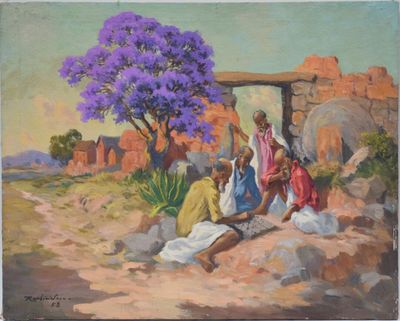 painting of a group of people sitting under a purple tree
