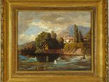 a painting of a river scene with a man on a boat in the water