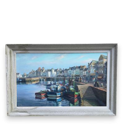 a picture of a painting of boats docked in a harbor