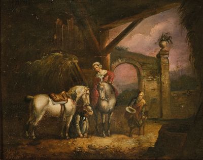 painting of a man leading a group of horses into a stable