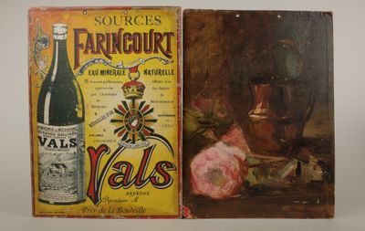 tableau représentant une bouteille de vin à côté d'une boîte de Vals