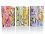 four different colored boxes with different designs on them on a white surface