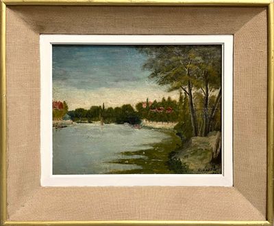 C. HAUTIN. Paysage de bord de rivière, 1900.