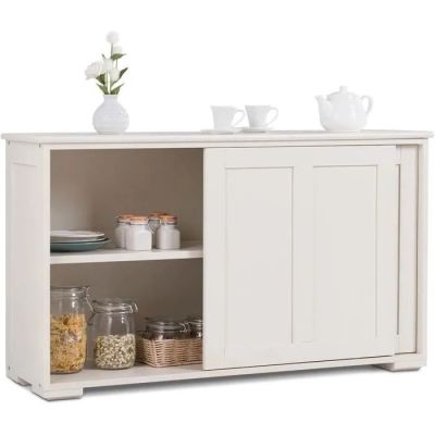 the sideboard is white and has a shelf with dishes and cups on it