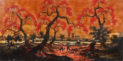 Vietnam, XXe siècle, Deux panneaux en laque, à décor en cama…