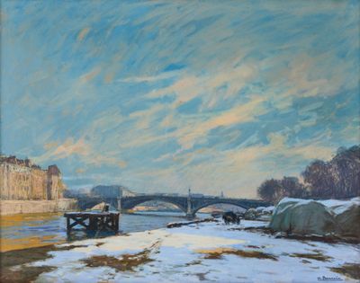 peinture représentant une rivière enneigée avec un pont en arrière-plan