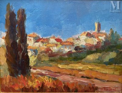 an oil painting of a landscape with trees and buildings in the distance