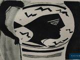 painting of a black and white vase with a woman ' s face on it