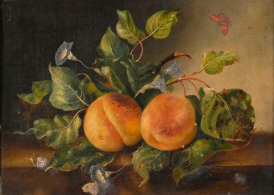 tableau représentant deux pêches posées sur une table, avec des feuilles et un papillon