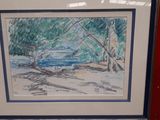 framed drawing of a beach scene with trees and a body of water