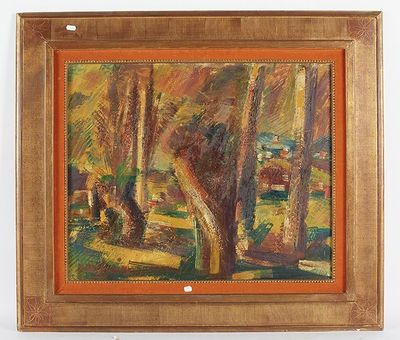 une image représentant un tableau représentant une scène de forêt avec des arbres au premier plan